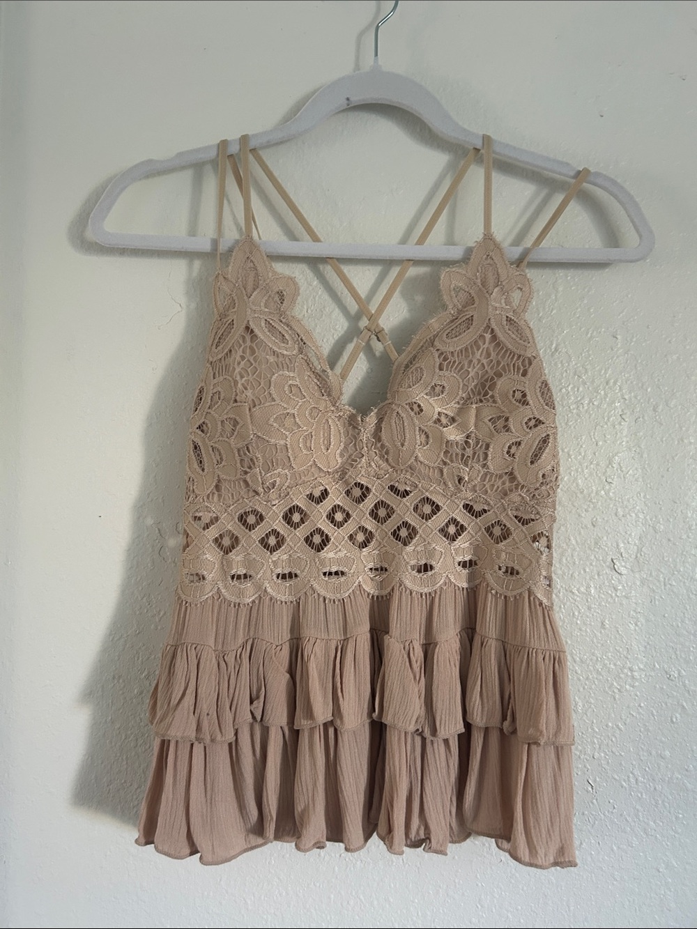 Anemone Lace-Trim Crisscross Mini Dress in Nude